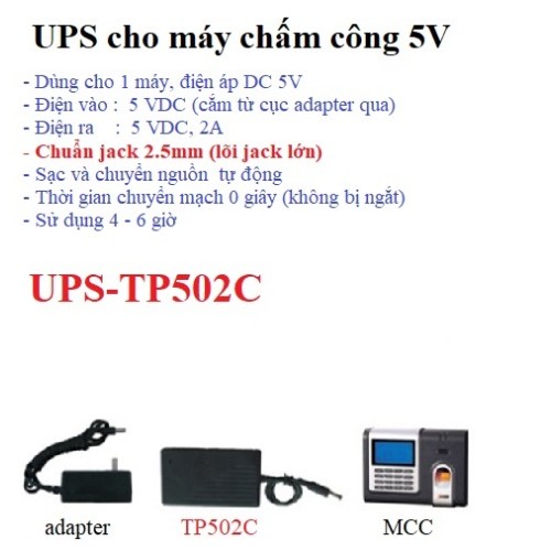 Bộ pin ups cho máy chấm công 5V UPS-TP502C, lưu điện dự phòng mất điện, đại lý, phân phối,mua bán, lắp đặt giá rẻ