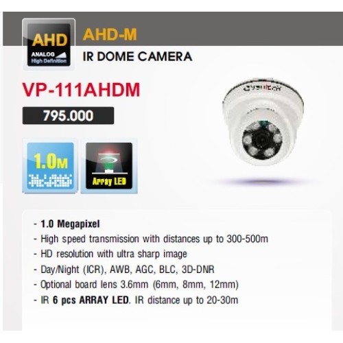 Camera Vantech Dome AHD VP-111AHDM 1.0MP, đại lý, phân phối,mua bán, lắp đặt giá rẻ